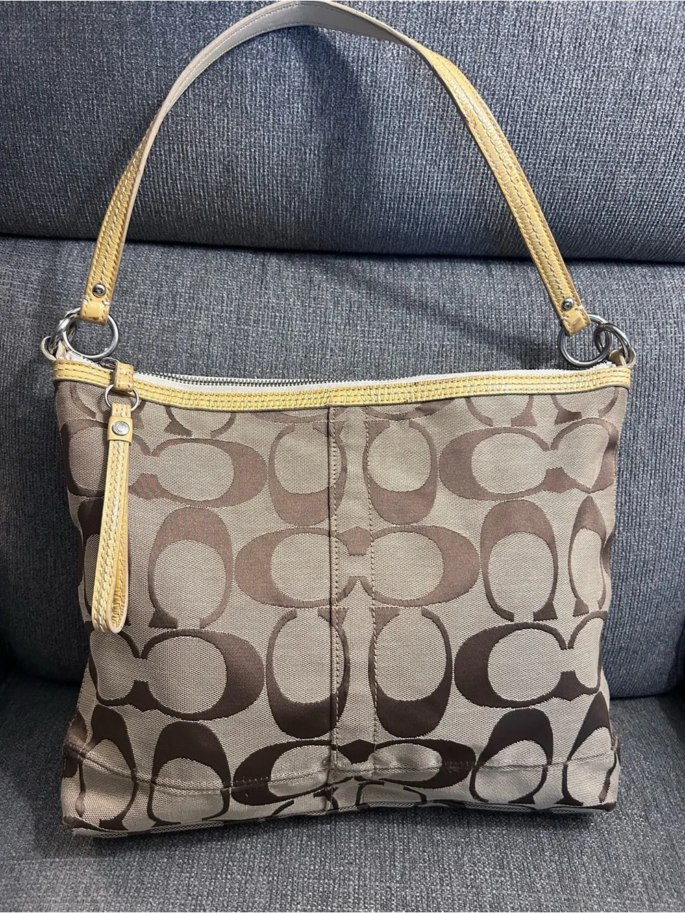Coach Signature Jacquard Shoulder Bag with patent leather trim